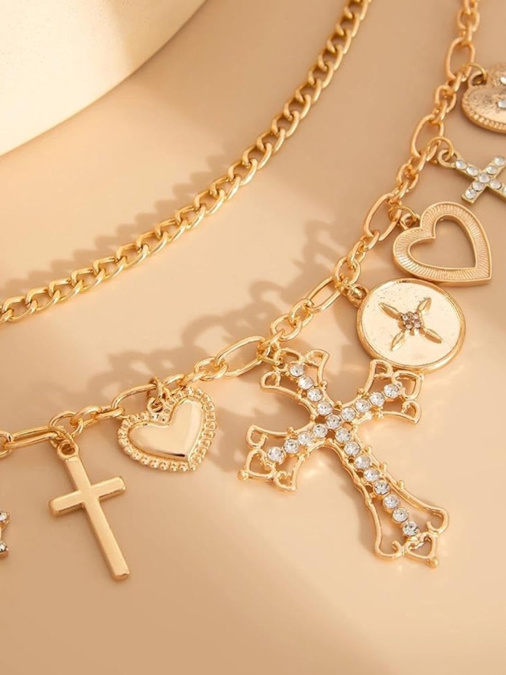 Anthropologie Gold Layered Charm Necklace with Crosses & Hearts - Picture 4 of 8
